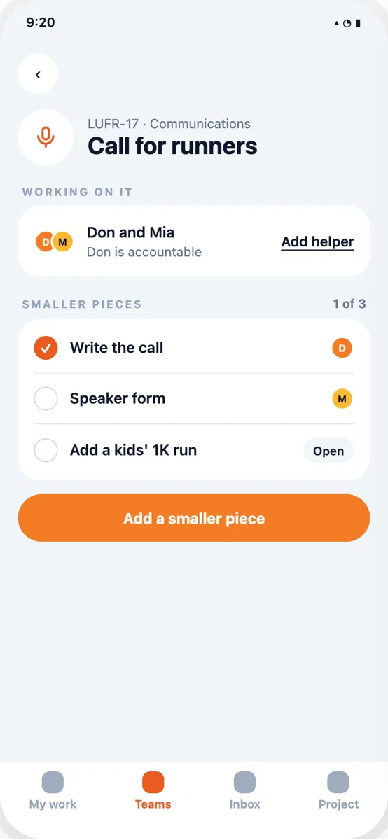 A task with smaller steps and helpers