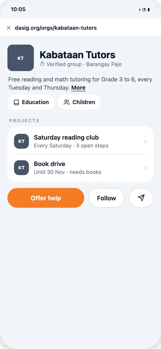 A group's public page, with an Offer help button
