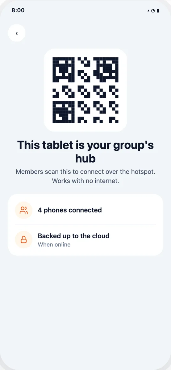 A tablet as the group's hub, with its QR code