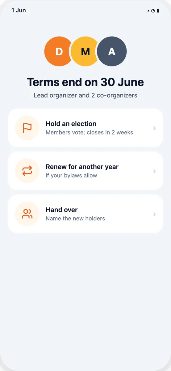 Positions with terms and a hand-over
