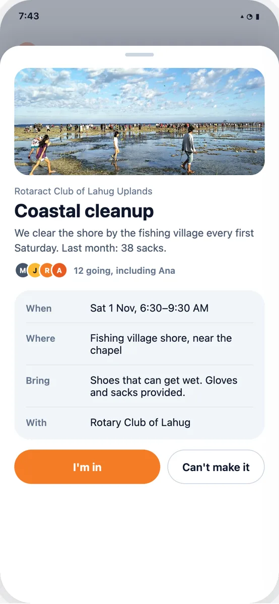 A volunteer saying I'm in to a coastal cleanup